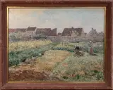 Richard Ranft, Two Women working in a Walled Allotment near Chickens, oil on canvas