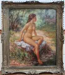 A. Galzenati, Female Nude sitting by a Pond, oil on canvas