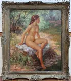 A. Galzenati, Female Nude sitting by a Pond, oil on canvas
