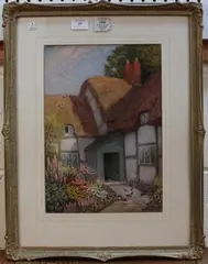 Arthur Claude Strachan, Birds feeding in a Garden in Bloom outside a Thatched Cottage, watercolour and gouache