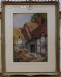 Arthur Claude Strachan, Birds feeding in a Garden in Bloom outside a Thatched Cottage, watercolour and gouache