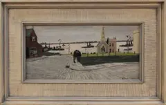Two Figures conversing on a Street Corner, a Busy Estuary beyond by Richard MacDonald, oil on card, sold Jun 2015