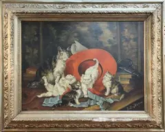 Jules Gustave Le Roy, Study of Kittens and a Cat on a Tabletop, oil on canvas