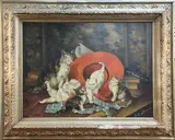 Jules Gustave Le Roy, Study of Kittens and a Cat on a Tabletop, oil on canvas