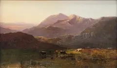Alfred de Breanski, Highland View with Cattle on the Edge of a Loch, 1872, oil on canvas
