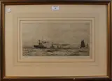 View of a Naval Fleet and Biplane by William Lionel Wyllie, monochrome etching, sold Mar 2015