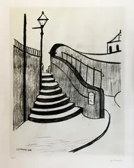 L. S. Lowry, Old Steps, Stockport, monochrome lithograph published by Ganymed Originals