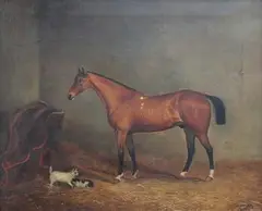 W. Widgery, Study of a Bay Horse beside a Cat and Dog within a Stable Interior, oil on canvas