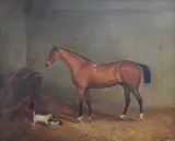 W. Widgery, Study of a Bay Horse beside a Cat and Dog within a Stable Interior, oil on canvas