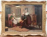 Alexander Rosell, Cottage Interior with Mother and Baby at a Table with other Family Members, oil on canvas