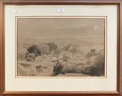 Charles Knight, View of a Downland Farm, monochrome watercolour