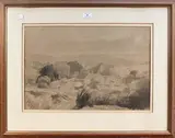 Charles Knight, View of a Downland Farm, monochrome watercolour