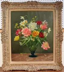 Ruth Klausner, Still Life Study of Spring Flowers in a Glass Vase, oil on canvas