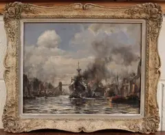 Robin Goodwin, Shipping on the Thames with Tower Bridge in the distance, oil on canvas