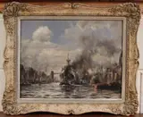 Robin Goodwin, Shipping on the Thames with Tower Bridge in the distance, oil on canvas