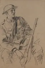 Augustus John, Seated [Canadian] Soldier with a Rifle, pencil drawing