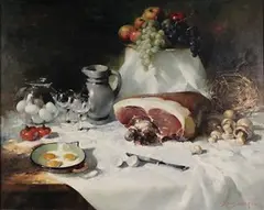Simon Van Gelderen, Still Life Study of a Laden Kitchen Table, oil on canvas