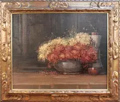 Kershaw Schofield, Still Life Study of Chrysanthemums on a Tabletop, oil on panel