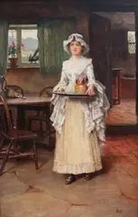 John Scott, Serving Girl carrying a Jug on a Tray in an Interior, oil on canvas