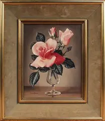James Noble, Pink Roses in a Glass Vase, oil on canvas