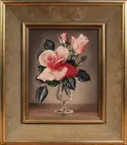 James Noble, Pink Roses in a Glass Vase, oil on canvas