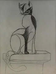 John Craxton, Cat, charcoal on blue paper