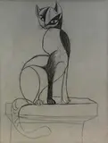 John Craxton, Cat, charcoal on blue paper