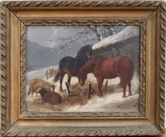 Snowy Landscape with Horses and Sheep by Henry Charles Woollett, oil on canvas, sold Sep 2014