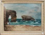 Noël Coward, Coastal View with Two Figures near a Rock Formation, oil on canvas
