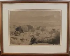 Charles Knight, View of a Downland Farm, monochrome watercolour
