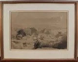Charles Knight, View of a Downland Farm, monochrome watercolour