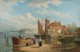 William Raymond Dommersen, Dutch View with Figures unloading a Boat, a Town beyond, oil on canvas