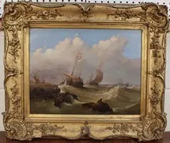 Coastal View with Barges on Choppy Waters by E.F. Butler, oil on canvas, sold Jun 2014