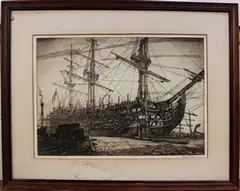 Robert Borlase Smart, HMS Victory under Restoration, Portsmouth Docks, monochrome etching