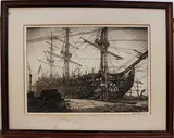 Robert Borlase Smart, HMS Victory under Restoration, Portsmouth Docks, monochrome etching