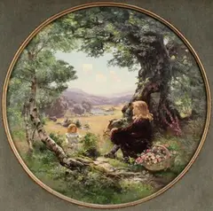 Alfred Oliver, Tondo View of Two Children picking Flowers in a Landscape, oil on canvas