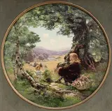 Alfred Oliver, Tondo View of Two Children picking Flowers in a Landscape, oil on canvas