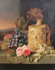 Edward Ladell, Still Life with Grapes, Roses and a Stein, oil on canvas