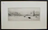 Yachting on Loch Long, Scotland by William Lionel Wyllie, monochrome etching, sold Jun 2014