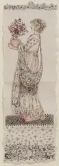 Annie French, A Lady with a Bouquet, watercolour and ink