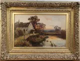 Ernest Walbourn, Woman outside a Mill feeding Ducks, oil on canvas