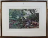 Lamorna Birch, Cattle at a Woodland Stream, a Sunlit Meadow beyond