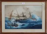George F. Gregory, Three Ships in the Hurricane in Samoa on March 16, 1889, watercolour with gouache