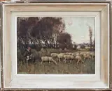 Henry Morley, Shepherd and Dog watching a Flock of Sheep, oil on canvas