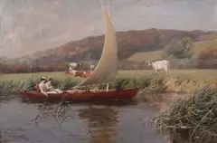 Frank Percy Wild, Couple sailing on a River passing Cattle in a Field, Hills beyond, oil on canvas
