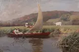 Frank Percy Wild, Couple sailing on a River passing Cattle in a Field, Hills beyond, oil on canvas