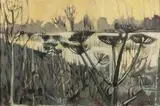 Humphrey Spender, Study of Cow Parsley Seed Heads, a Landscape beyond, oil on canvas