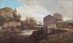 Robert Gallon, River View with Woman feeding Chickens outside a Watermill, oil on canvas