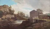 Robert Gallon, River View with Woman feeding Chickens outside a Watermill, oil on canvas