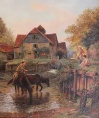 J.H. Parkyn, Figures outside a Watermill, oil on canvas